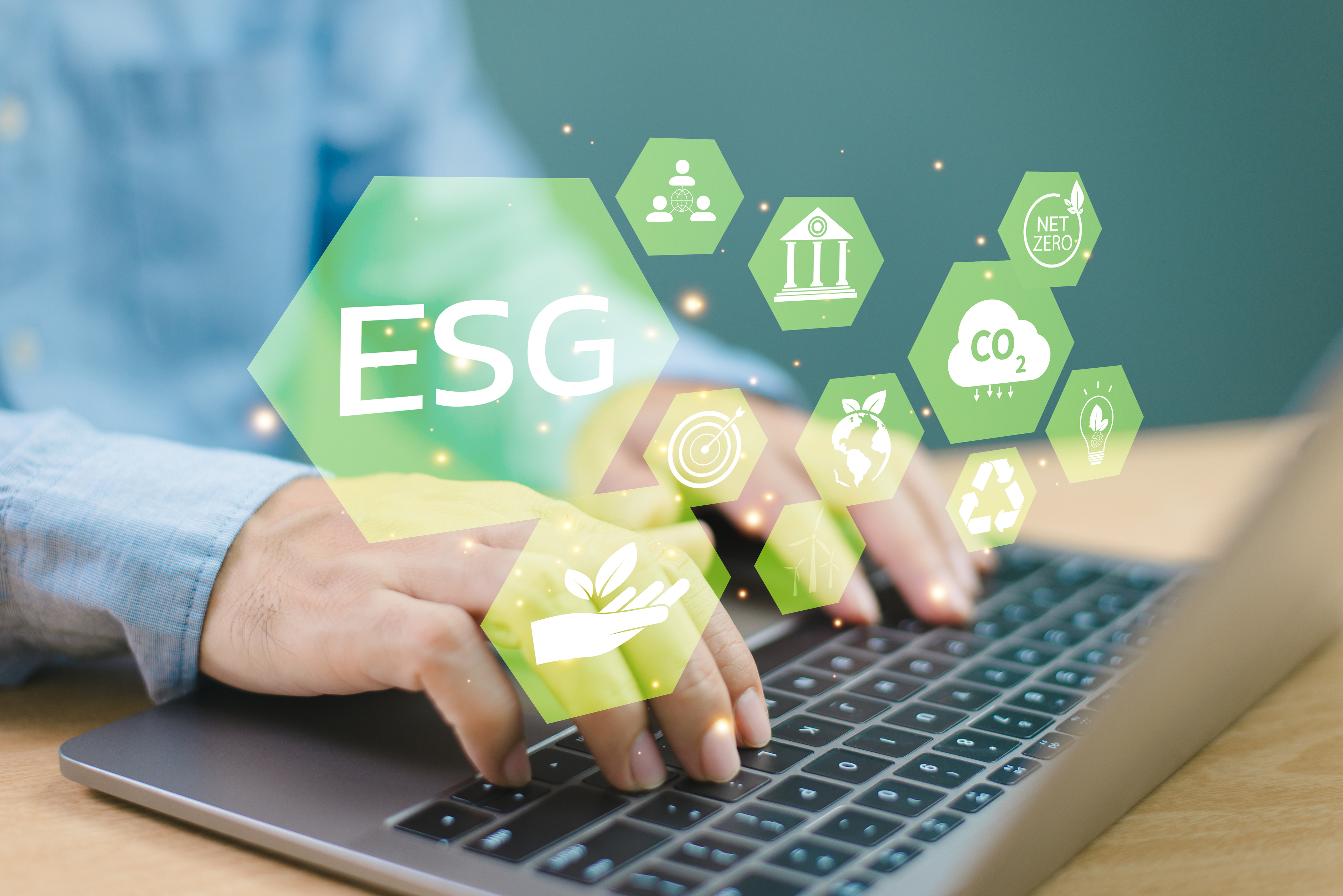 ESG environment social governance investment sustainable business concept. Man use computer to analyze ESG icon. Green environmental business finance strategy concept. ECO corporate company report